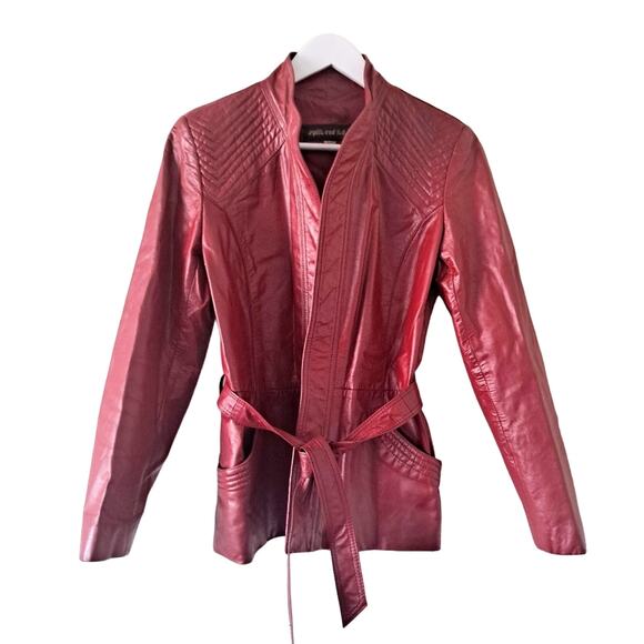 Split End Limited Red Leather High Neck Long Sleeve Jacket with Belt  - Size 11 - Picture 1 of 8